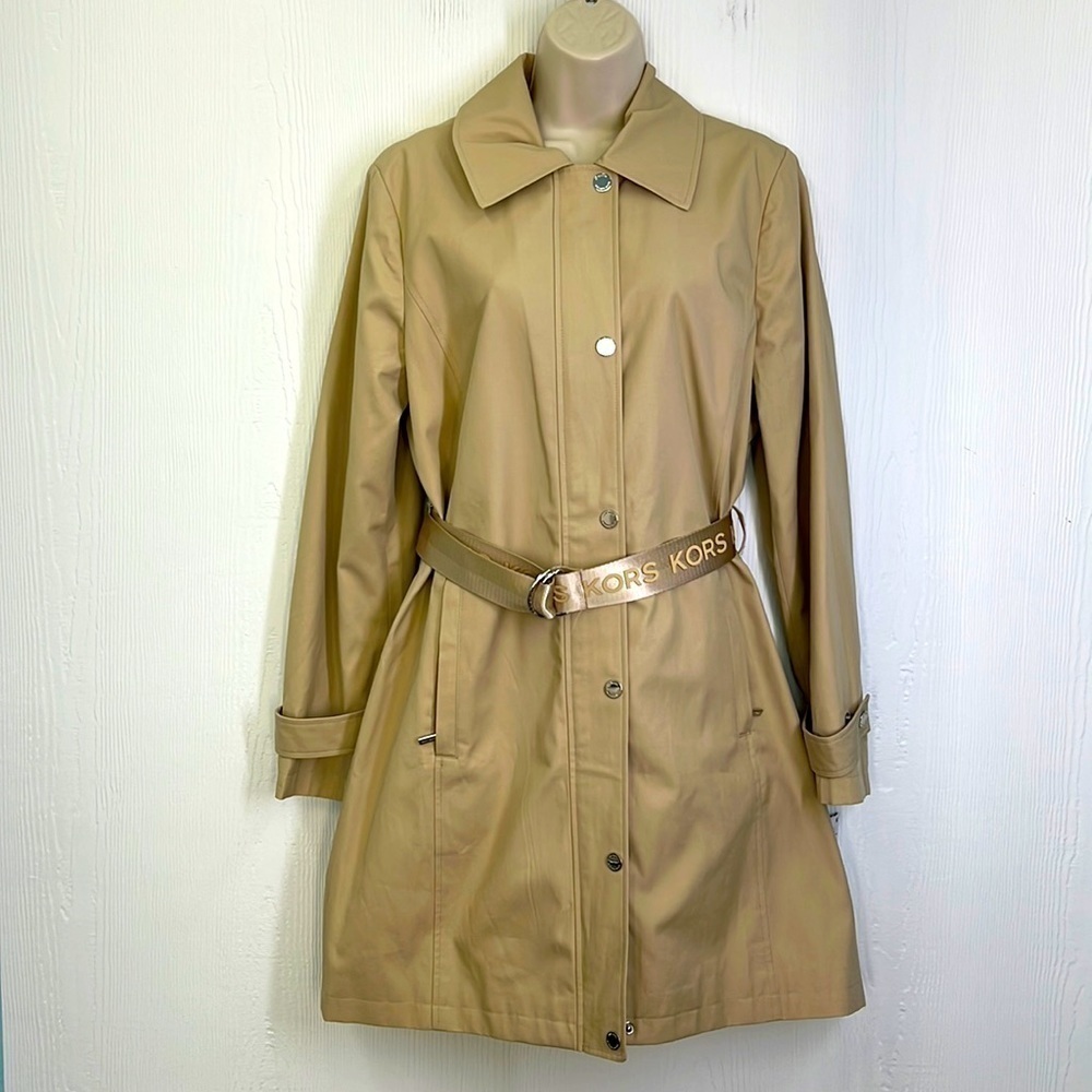 Michael Kors - NWT Khaki Button And Zip Long Collared Trench Coat Size Petite LG